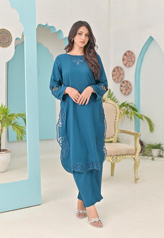 Cotton emb 2pc -79222 tealblue