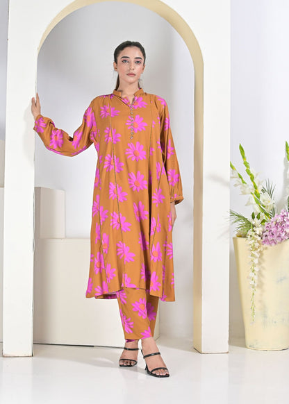 Linen 2pc set- BrownPnk 79040