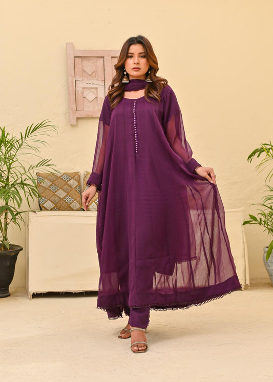 Chiffon kali 3pc suit- purple