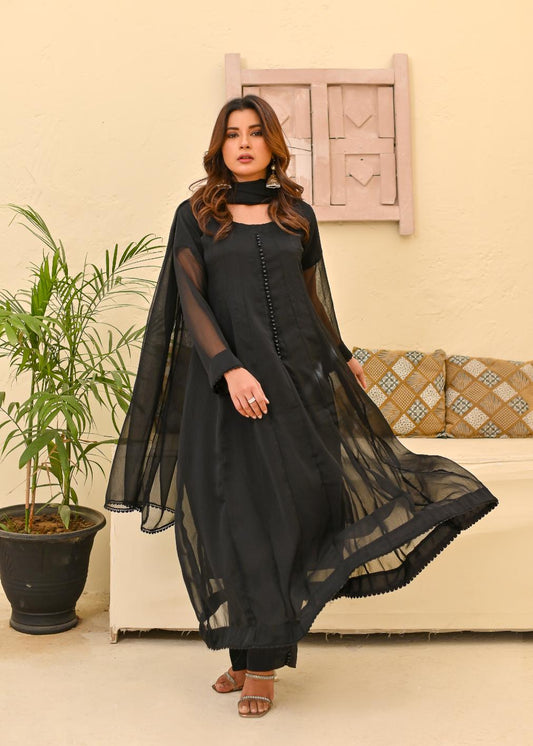 Chiffon kali 3pc suit- black