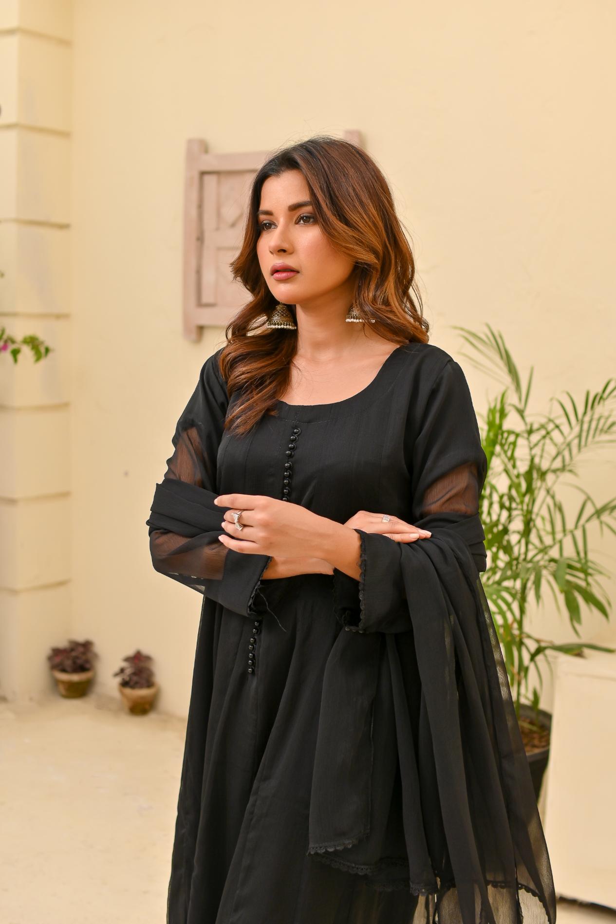 Chiffon kali 3pc suit- black