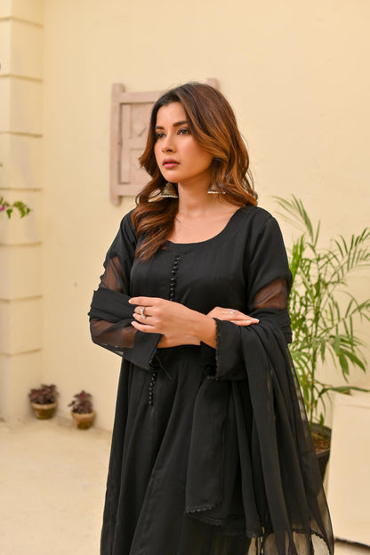 Chiffon kali 3pc suit- black