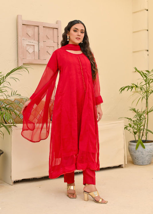 Chiffon kali 3pc suit- red