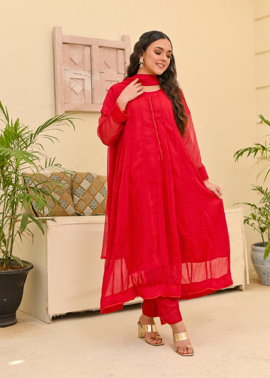 Chiffon kali 3pc suit- red