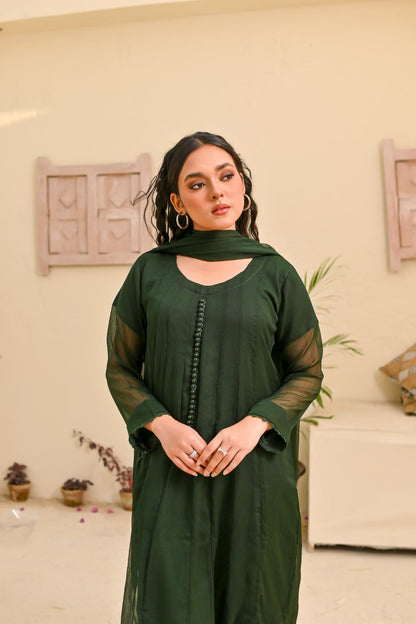 Chiffon kali 3pc suit- bottleGreen