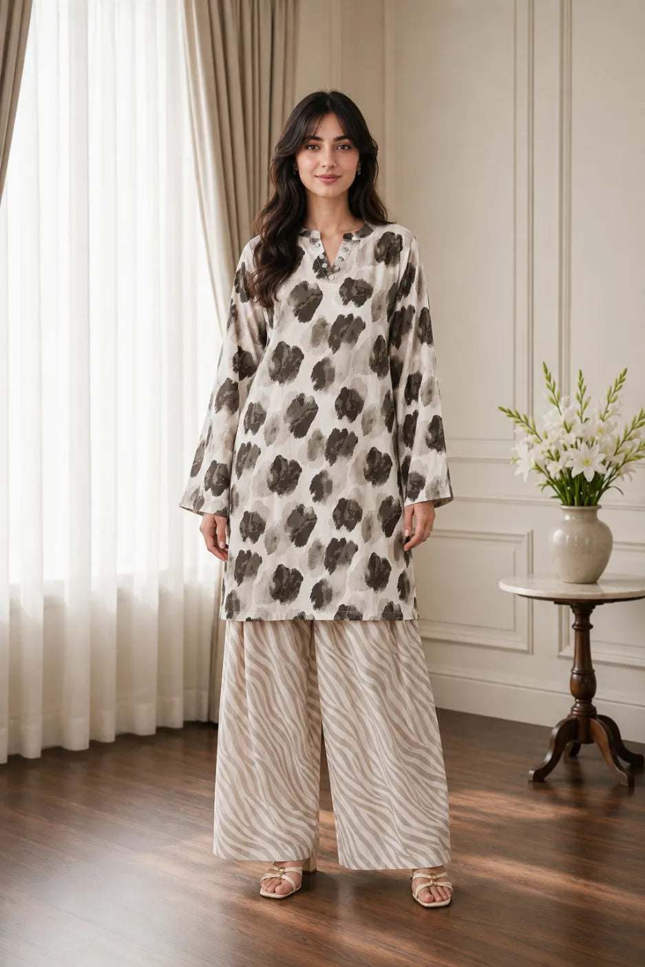 Cotton 2pc set 466159 beige abstract