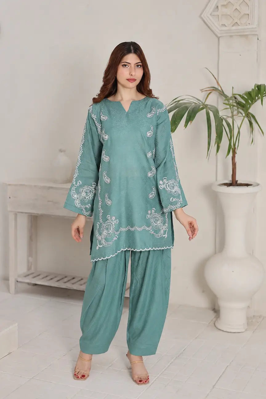 Embroidered Teal jacquard set 885511