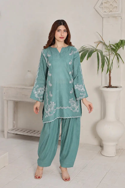 Embroidered Teal jacquard set 885511