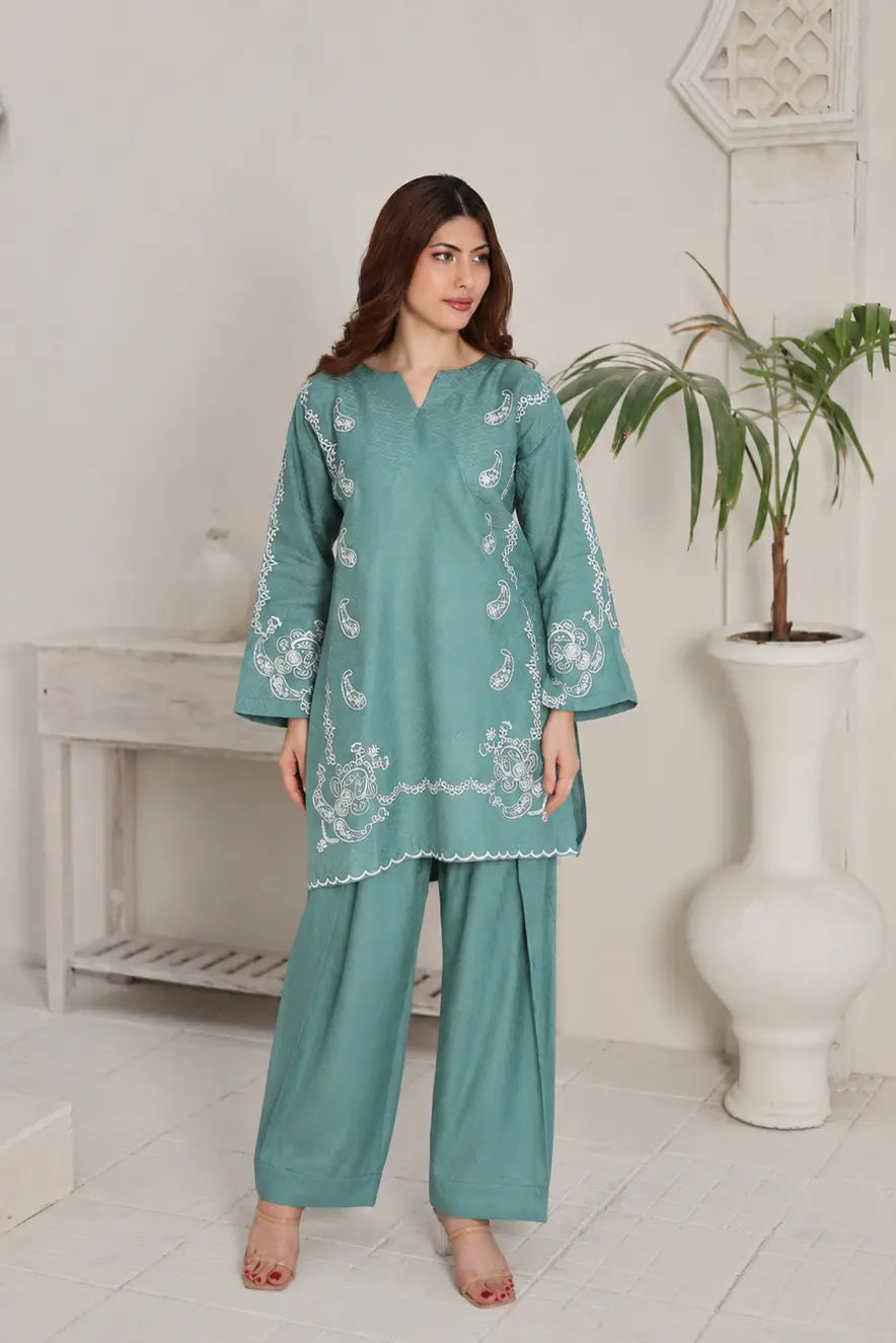 Embroidered Teal jacquard set 885511