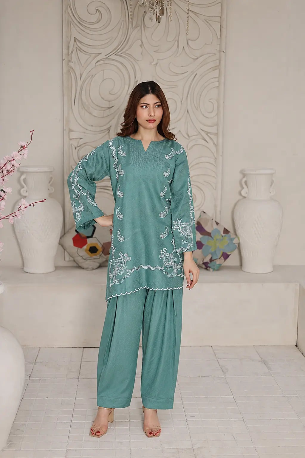 Embroidered Teal jacquard set 885511