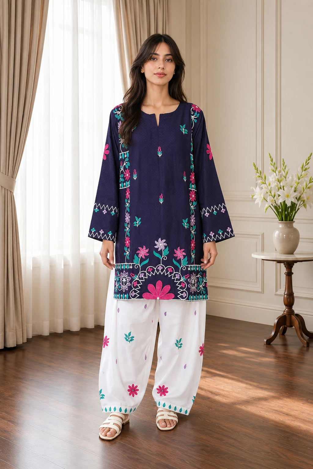 Embroidered Navy Jacquard set 875620