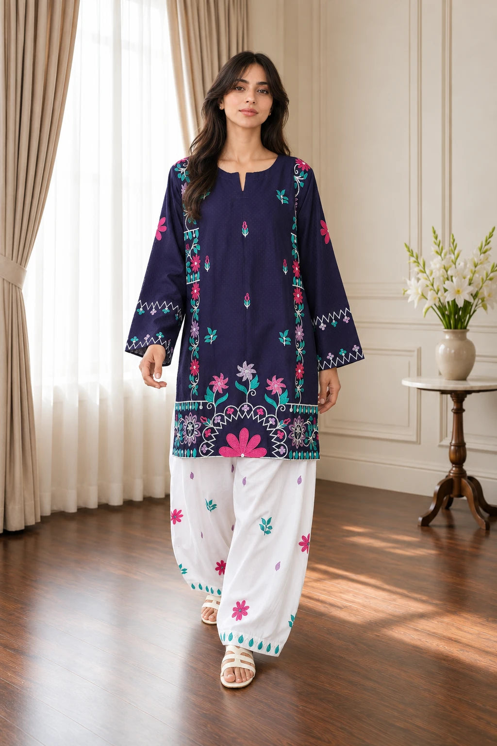 Embroidered Navy Jacquard set 875620
