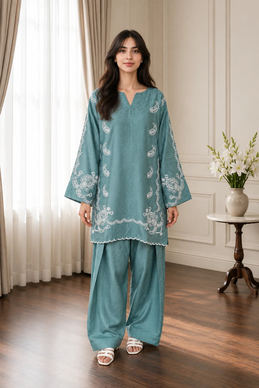 Embroidered Teal jacquard set 885511