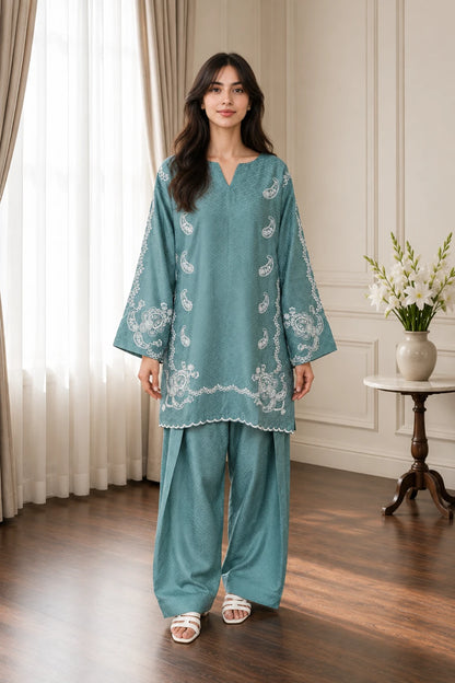 Embroidered Teal jacquard set 885511