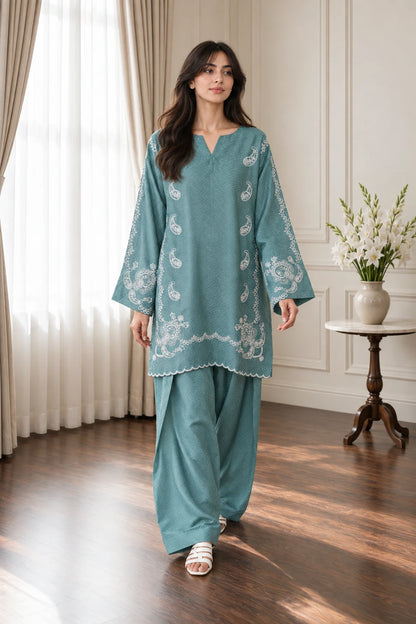 Embroidered Teal jacquard set 885511