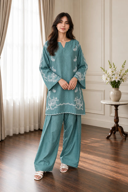 Embroidered Teal jacquard set 885511
