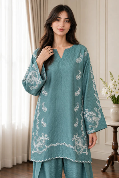 Embroidered Teal jacquard set 885511