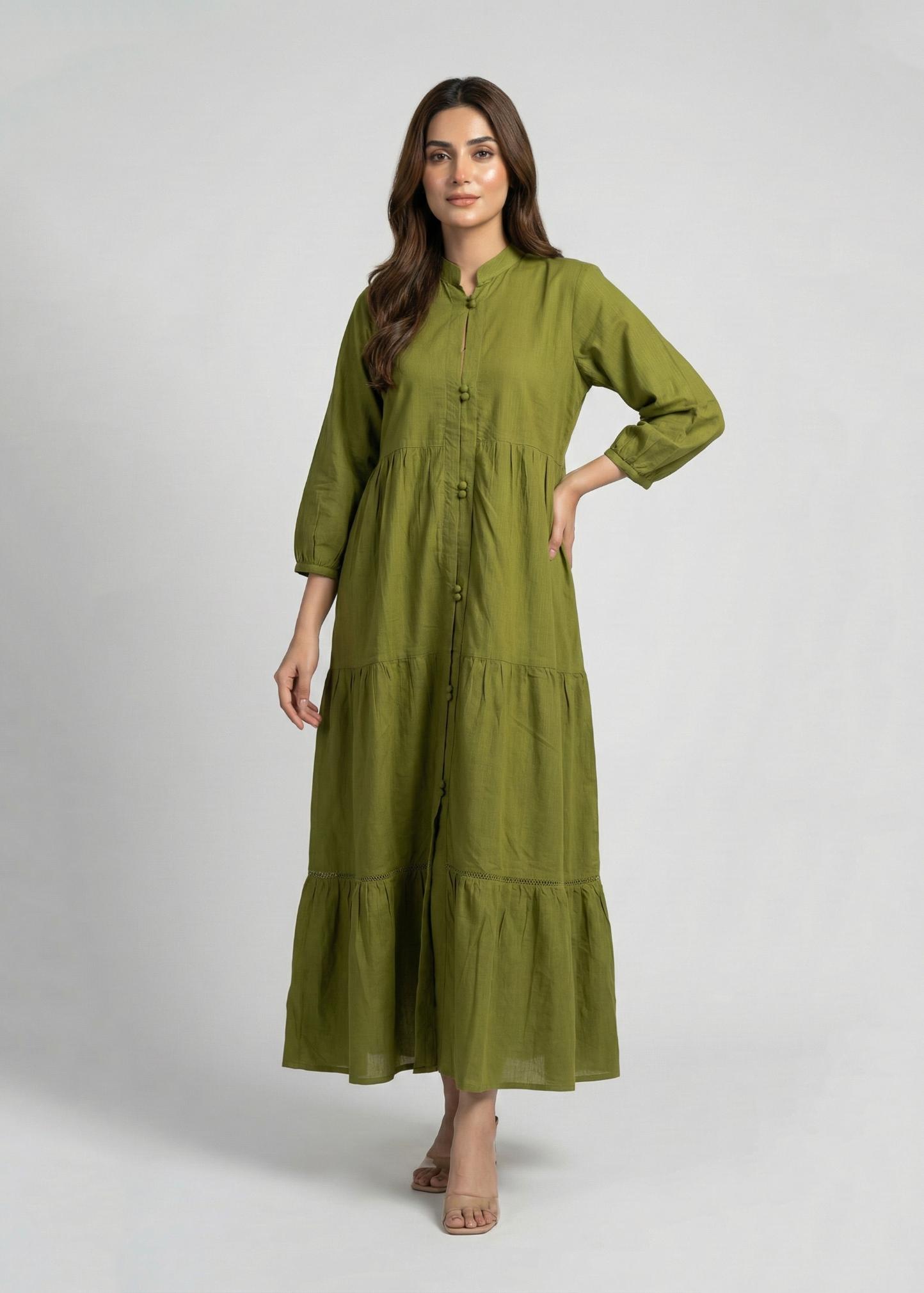 Khaddar Olive tiered Dress 785410