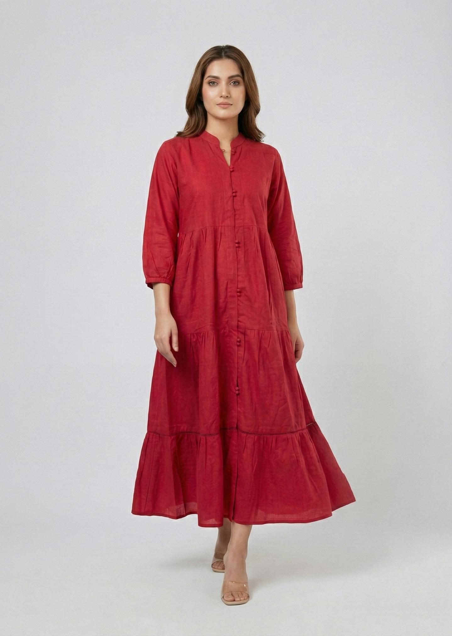 Khaddar Red tiered Dress 785410