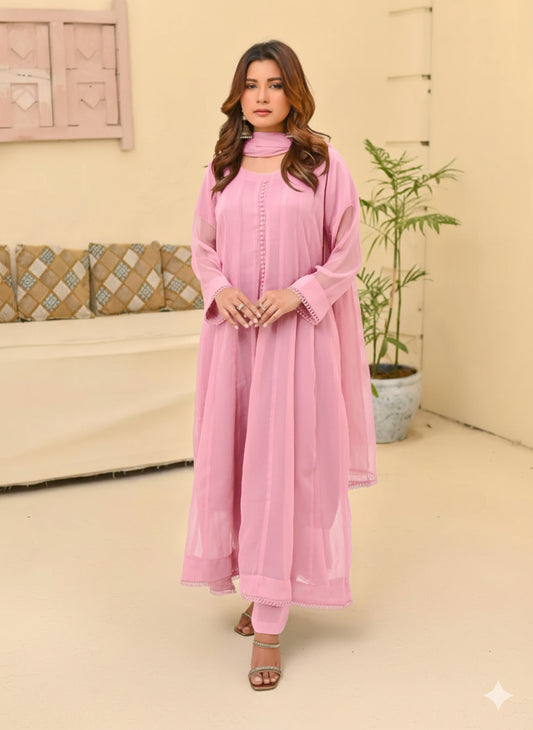 Chiffon kali 3pc suit-pink