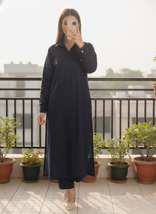 Navy Blue Button-Down Khaddar Suit 95952