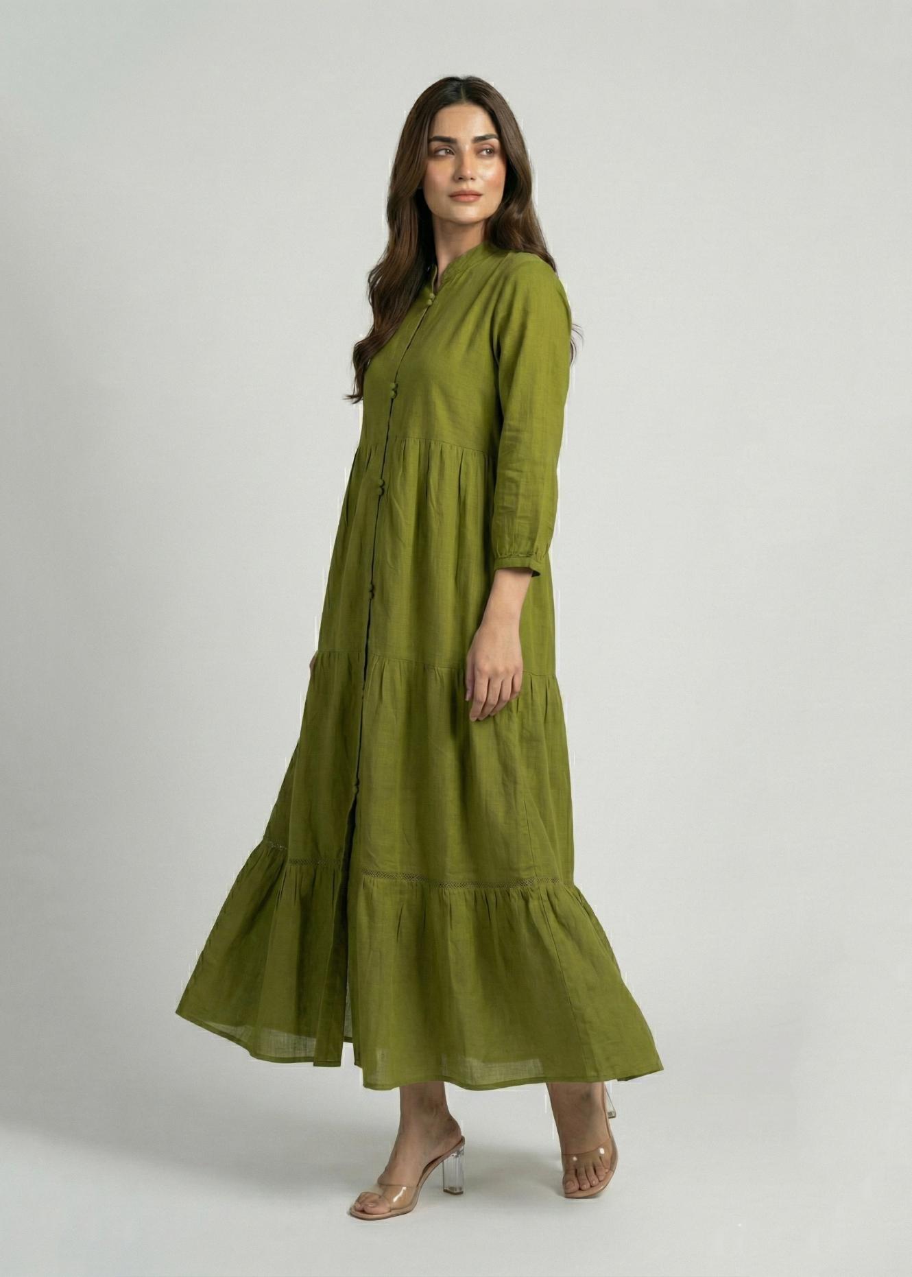 Khaddar Olive tiered Dress 785410