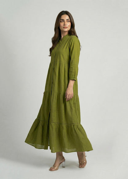 Khaddar Olive tiered Dress 785410