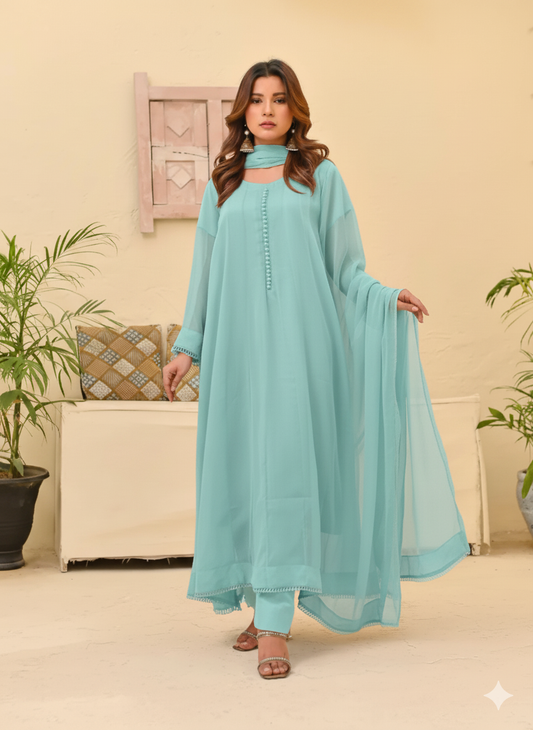 Chiffon kali 3pc suit- sky blue
