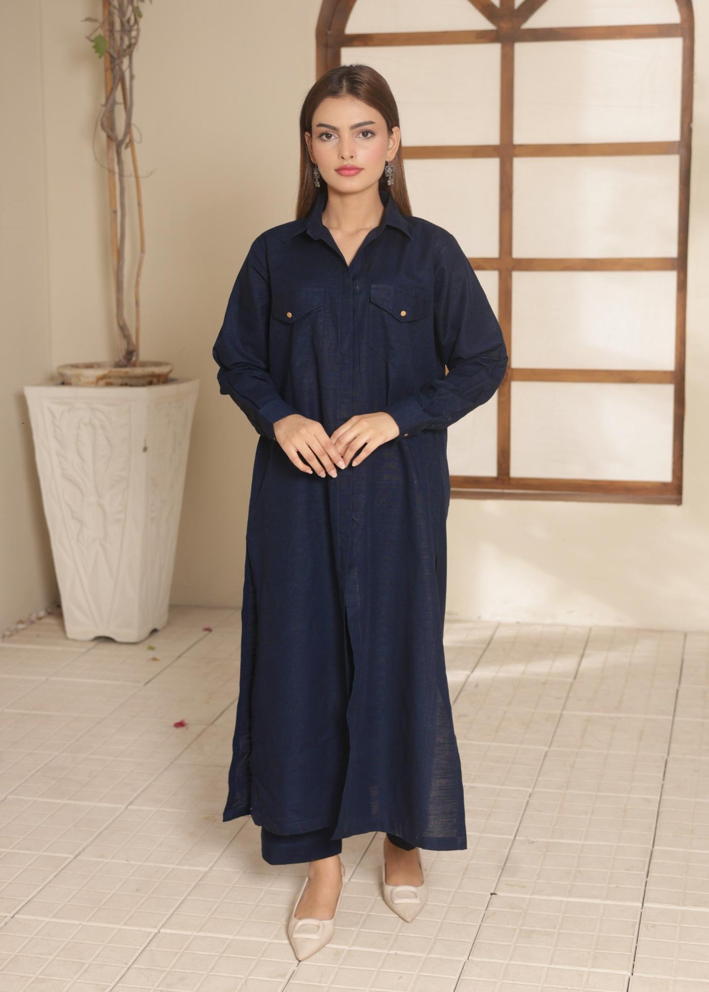 Navy Blue Button-Down Khaddar Suit 95952