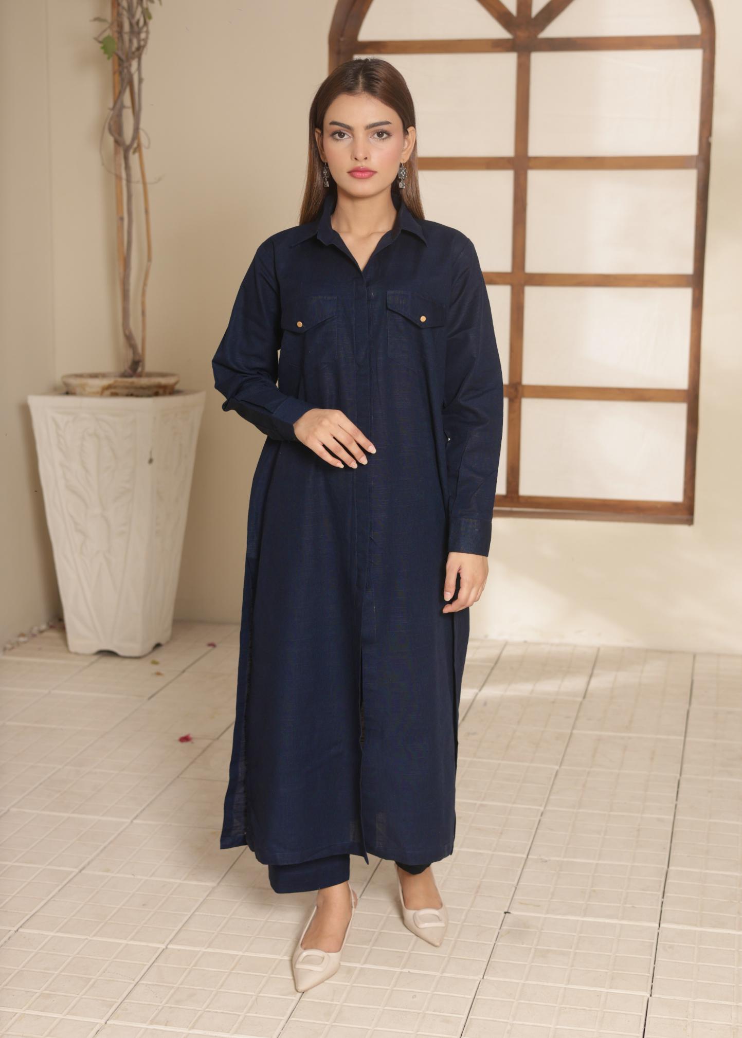 Navy Blue Button-Down Khaddar Suit 95952