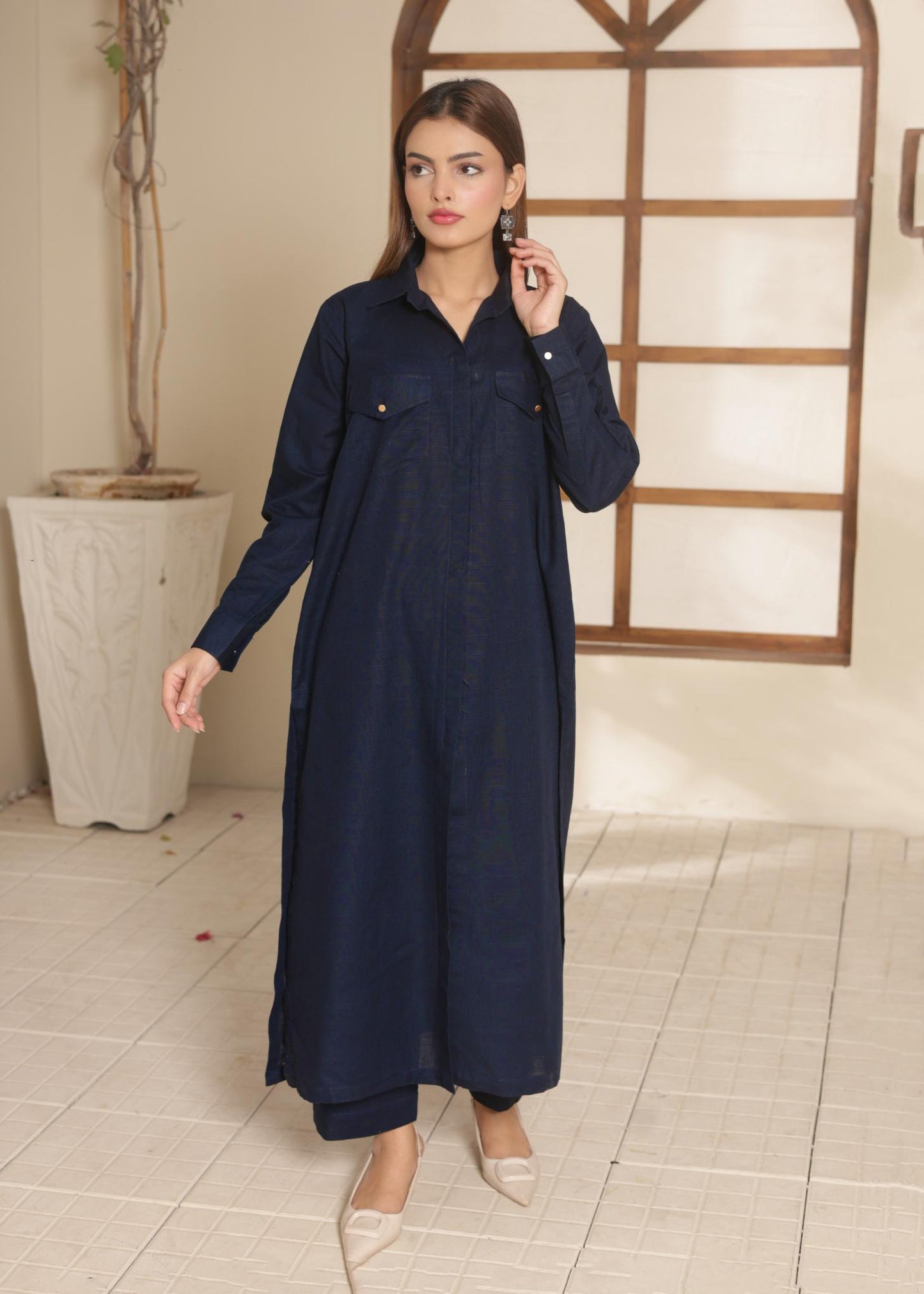 Navy Blue Button-Down Khaddar Suit 95952