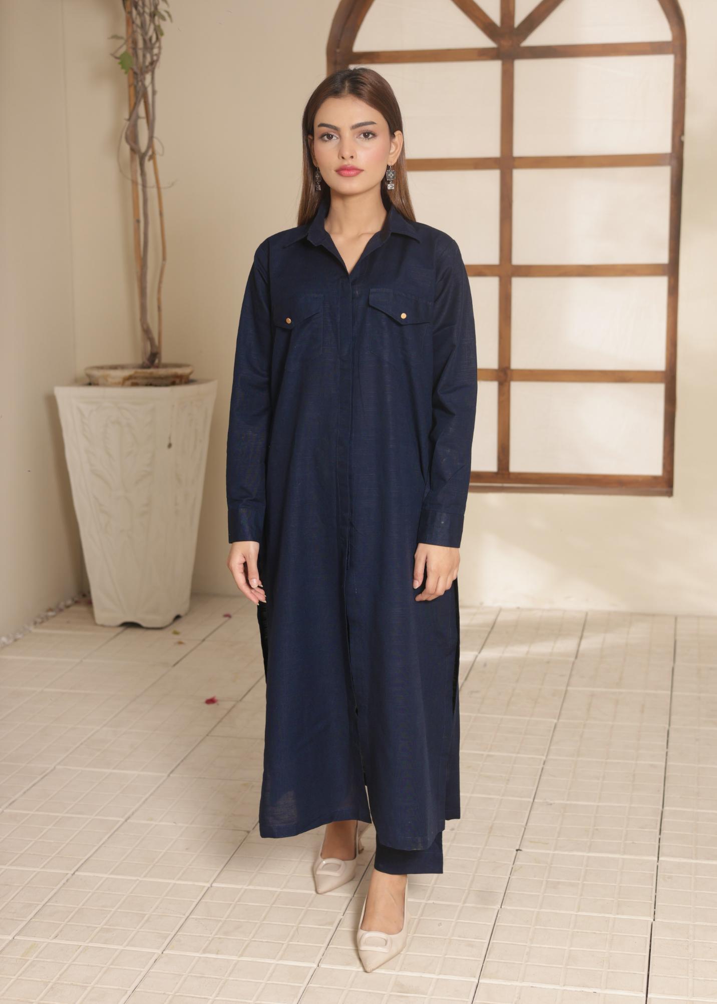 Navy Blue Button-Down Khaddar Suit 95952