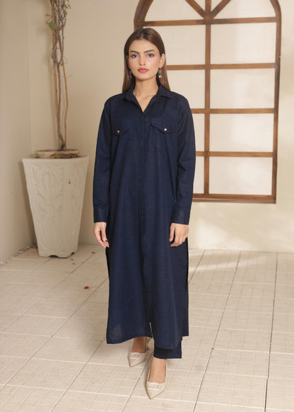 Navy Blue Button-Down Khaddar Suit 95952