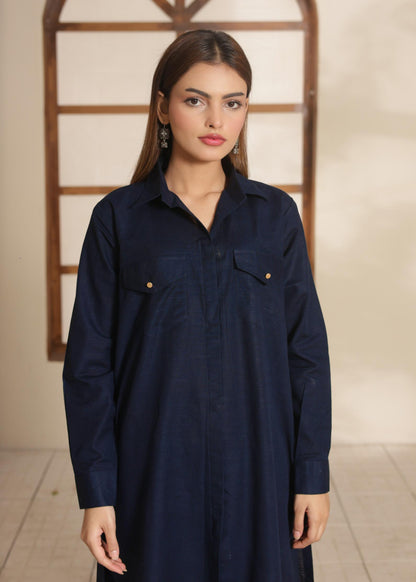 Navy Blue Button-Down Khaddar Suit 95952