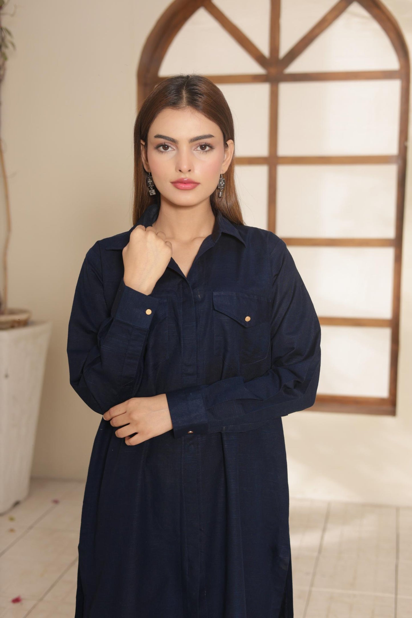 Navy Blue Button-Down Khaddar Suit 95952