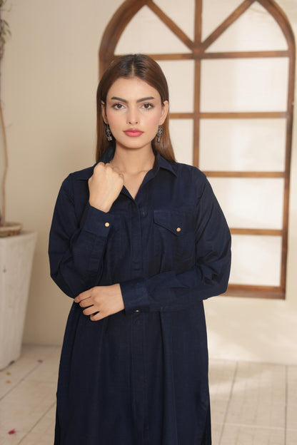 Navy Blue Button-Down Khaddar Suit 95952