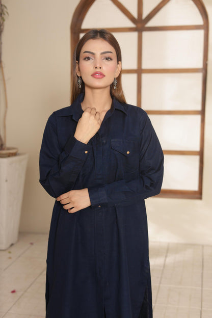 Navy Blue Button-Down Khaddar Suit 95952