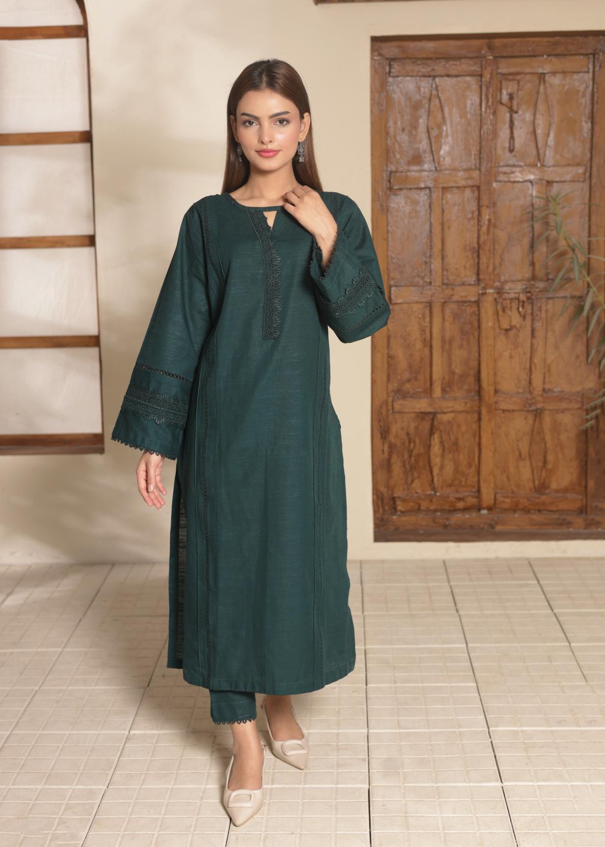 Deep Emerald Green khaddar set 79595