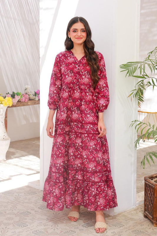 Linen frock 79851 MaroonPink Lace