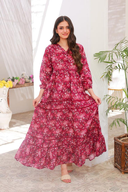 Linen frock 79851 MaroonPink Lace