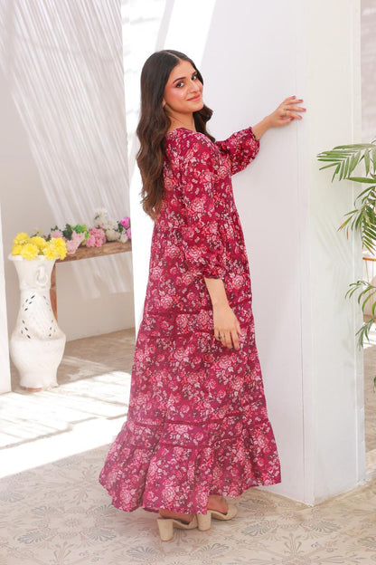 Linen frock 79851 MaroonPink Lace