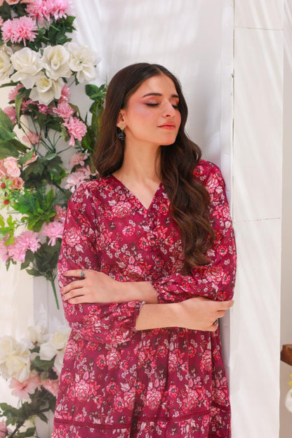 Linen frock 79851 MaroonPink Lace