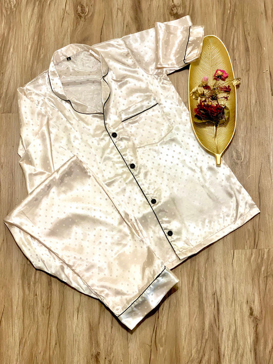 white polka silk pjs